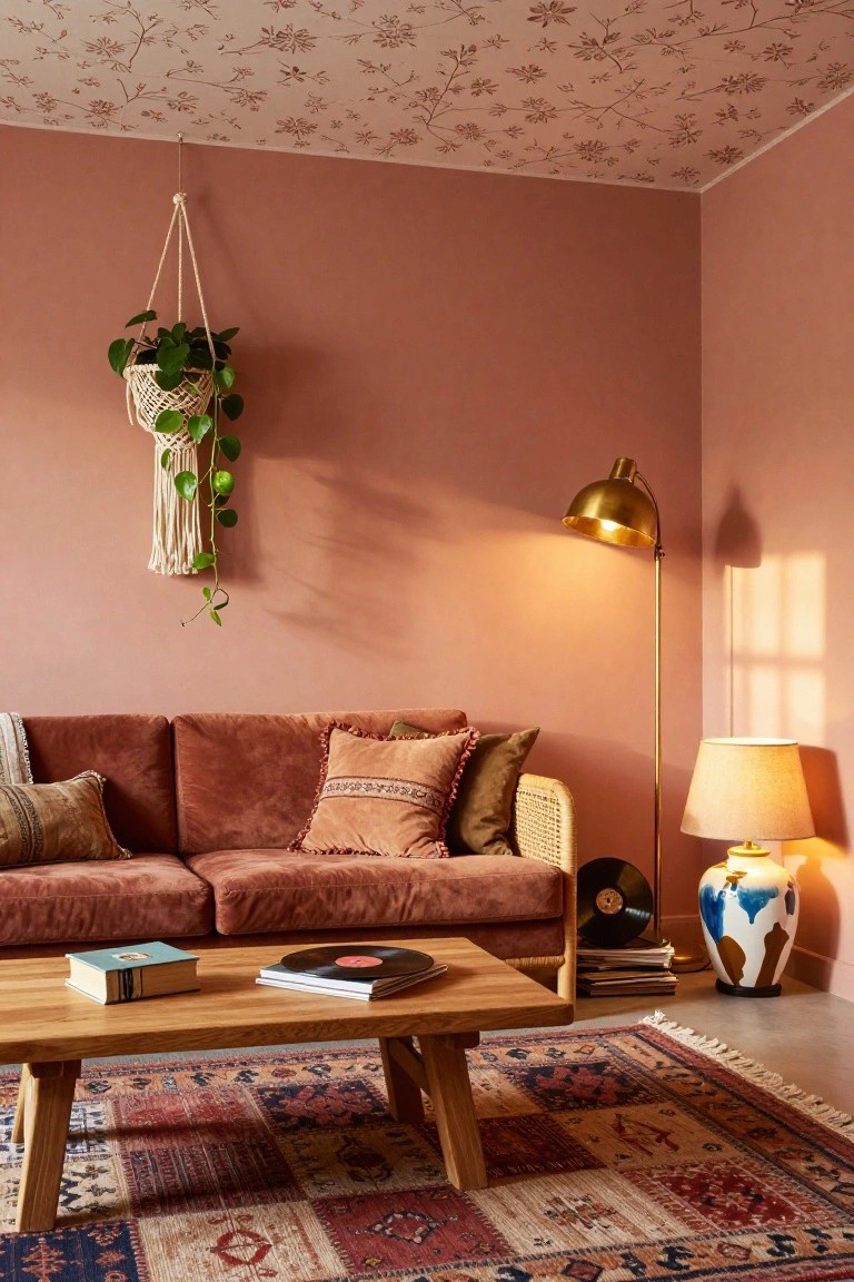 A corner of a living room with blush pink walls and patterned ceiling, brown velvet sofa with patterned pillows, low wooden coffee table holding books and records, colorful patterned rug, macrame hanging plant, brass arc lamp, table lamp, and blue and white vase.