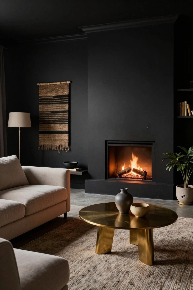 Modern living room featuring black walls, a lit inset fireplace, beige sofas, brass coffee table with ceramics, woven wall hanging, floor lamp, and potted plant.
