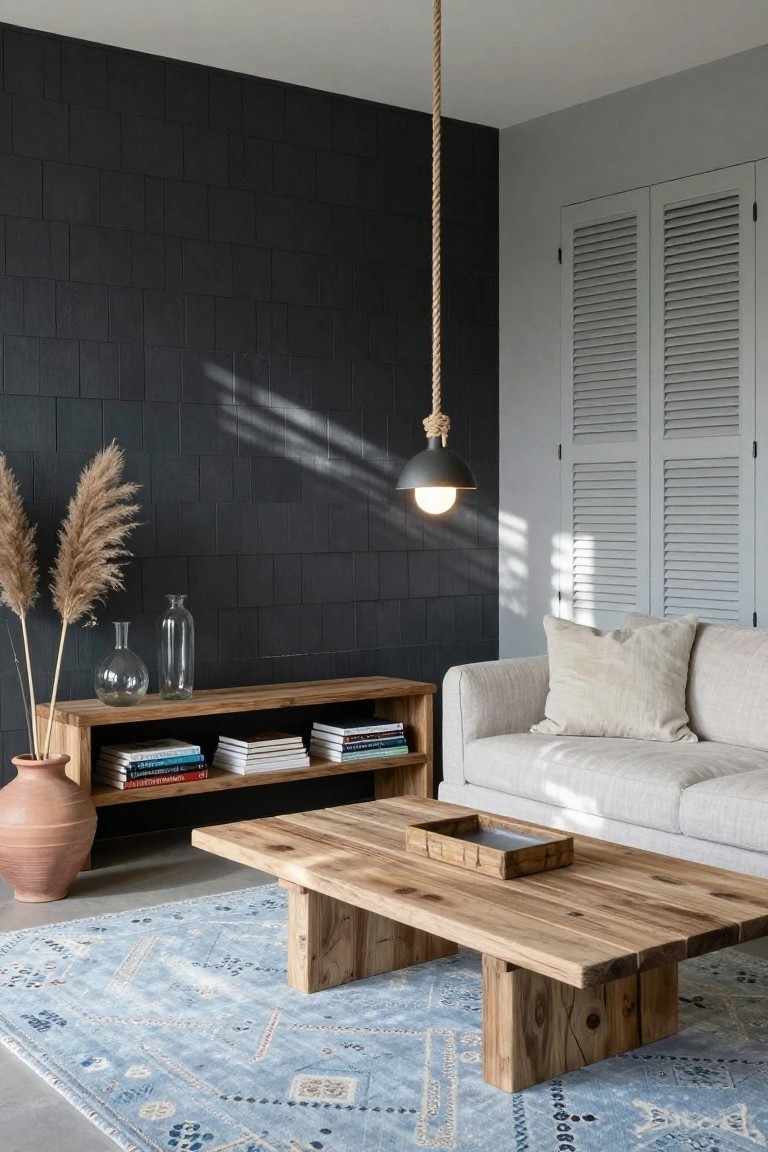 Living room featuring a dark textured black wall, light gray walls with shutters, beige sofa, wooden media console and coffee table, pampas grass in vases, terracotta pot, blue rug, and rope pendant light.