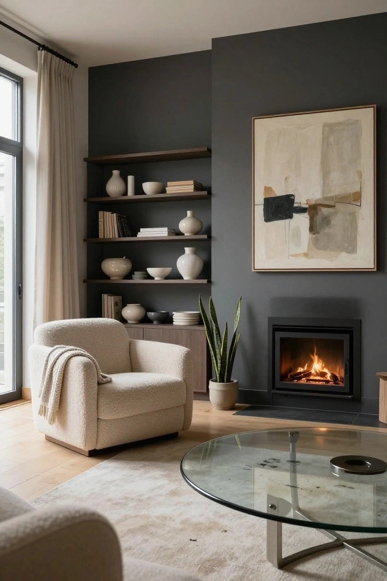 Living room corner featuring a dark gray accent wall with built-in wooden shelves holding white ceramics and books, a large abstract painting, cream bouclé armchair with throw, potted snake plant, gas fireplace with fire, glass coffee table, and light wood floors under a white rug.