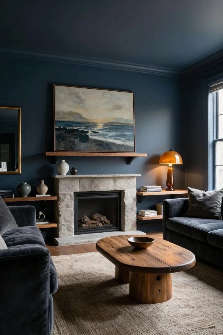 A living room with deep navy blue walls and ceiling, stone fireplace with fire, gray velvet sofa, oval wooden coffee table, wooden shelves with ceramics, and large abstract seascape painting above the mantel.