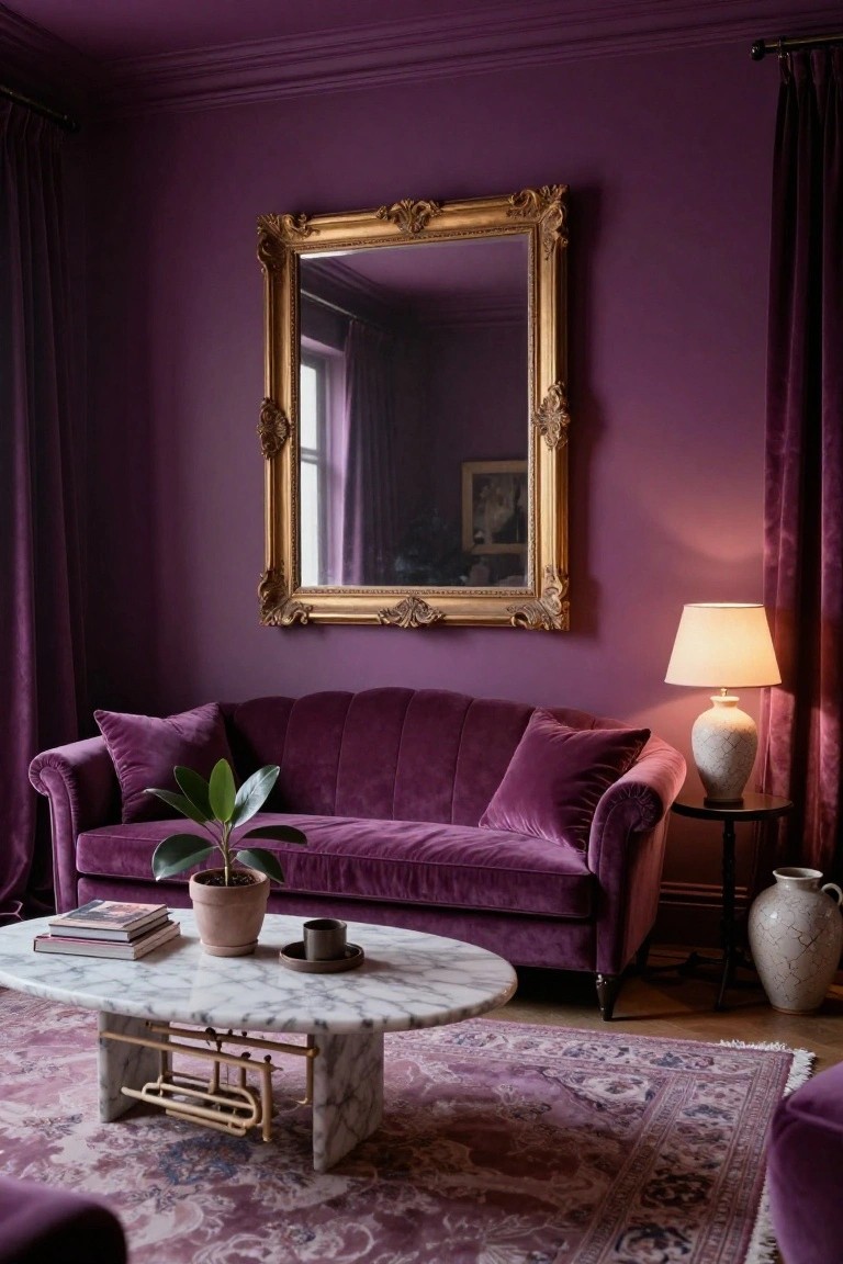 A living room with deep purple walls and ceiling, purple velvet tufted sofa, large gold ornate mirror, oval white marble coffee table, side table with ceramic lamp and vase, potted plant, books, and pink-toned Persian rug.