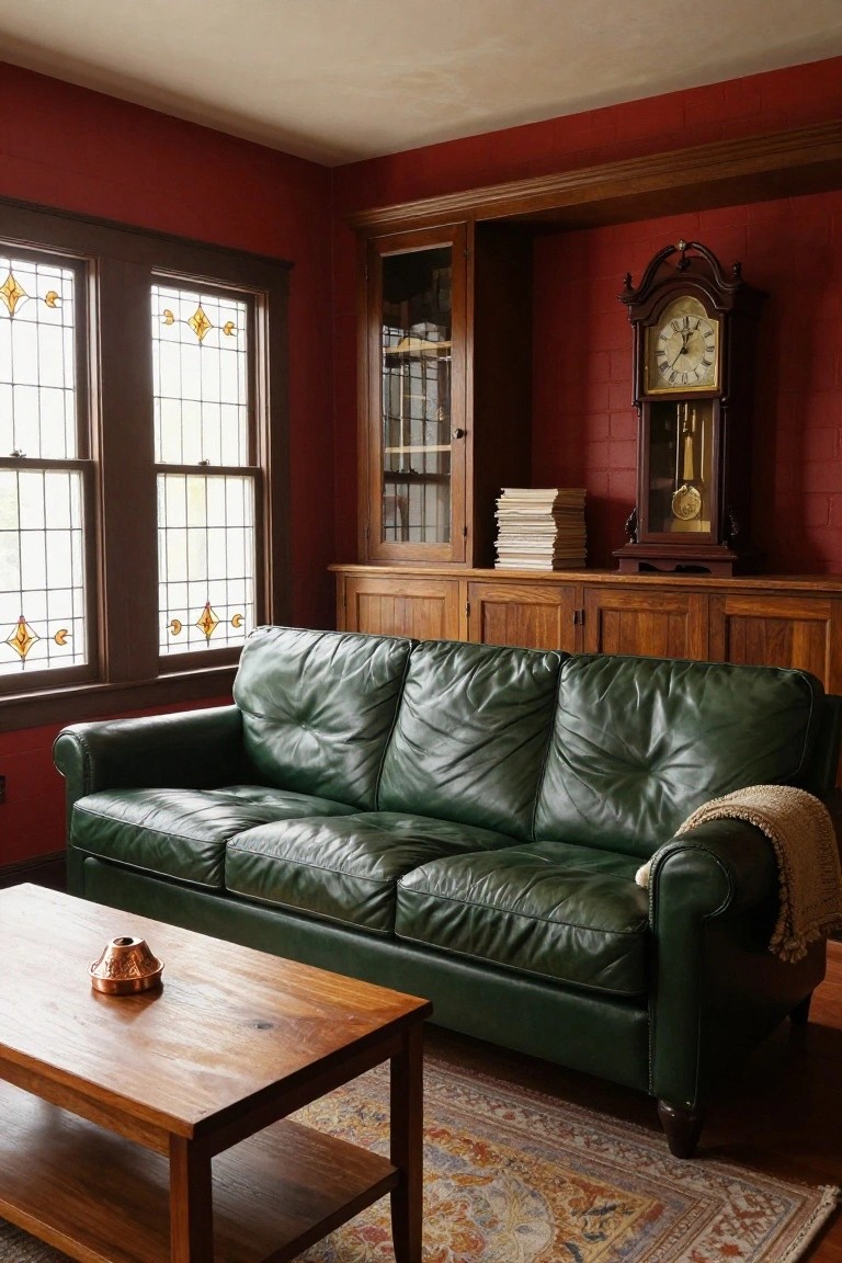 A cozy living room interior with deep red walls, green leather sofa, wooden bookcases and coffee table, antique clock, stack of books, stained glass windows, and patterned rug.