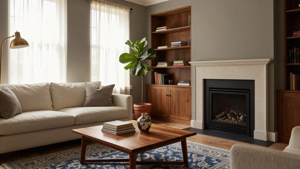 24 Cozy Living Room Paint Color Ideas That Transform Walls Cozy living room with soft beige walls, white linen sofa, wooden coffee table, built-in bookshelves, gas fireplace, potted fiddle leaf fig plant, ceramics on table, and blue patterned rug on hardwood floor.