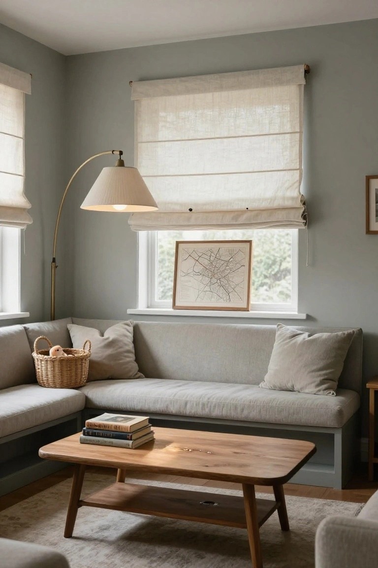 Cozy living room corner featuring pale gray walls, a light gray L-shaped sofa with pillows, a wooden coffee table with stacked books, a woven basket with a toy, an arched floor lamp, and windows with beige linen roman shades.