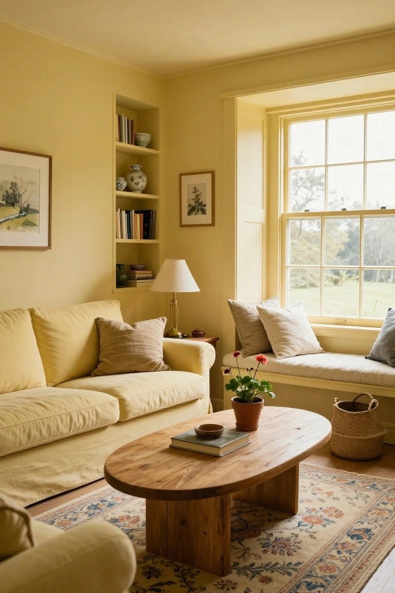 Cozy living room with pale yellow walls, yellow slipcovered sofa, oval wooden coffee table, built-in bookshelves, lamp on side table, potted plant, window seat with pillows, and view of garden outside.