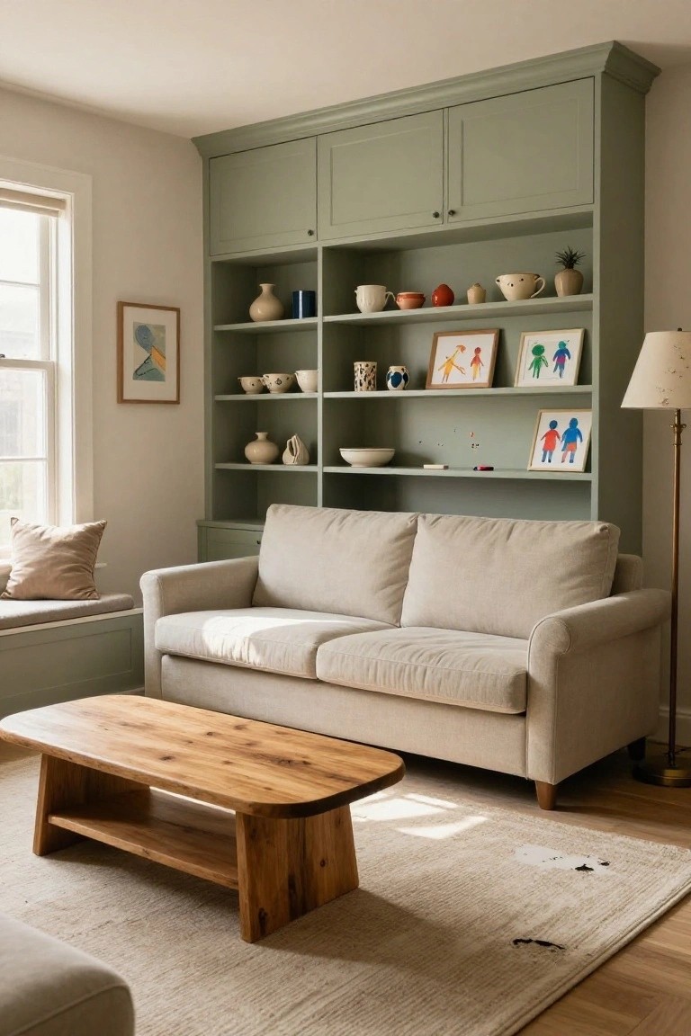 Living room with sage green built-in bookcases filled with pottery, bowls, and framed children's drawings, cream sofa, wooden coffee table, and light rug on hardwood floors.