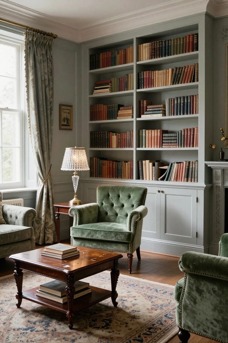 Cozy living room with tall built-in gray-green bookshelves filled with multicolored books, green velvet armchairs, wooden coffee table with books, patterned rug, large window with cream drapes, and white fireplace.