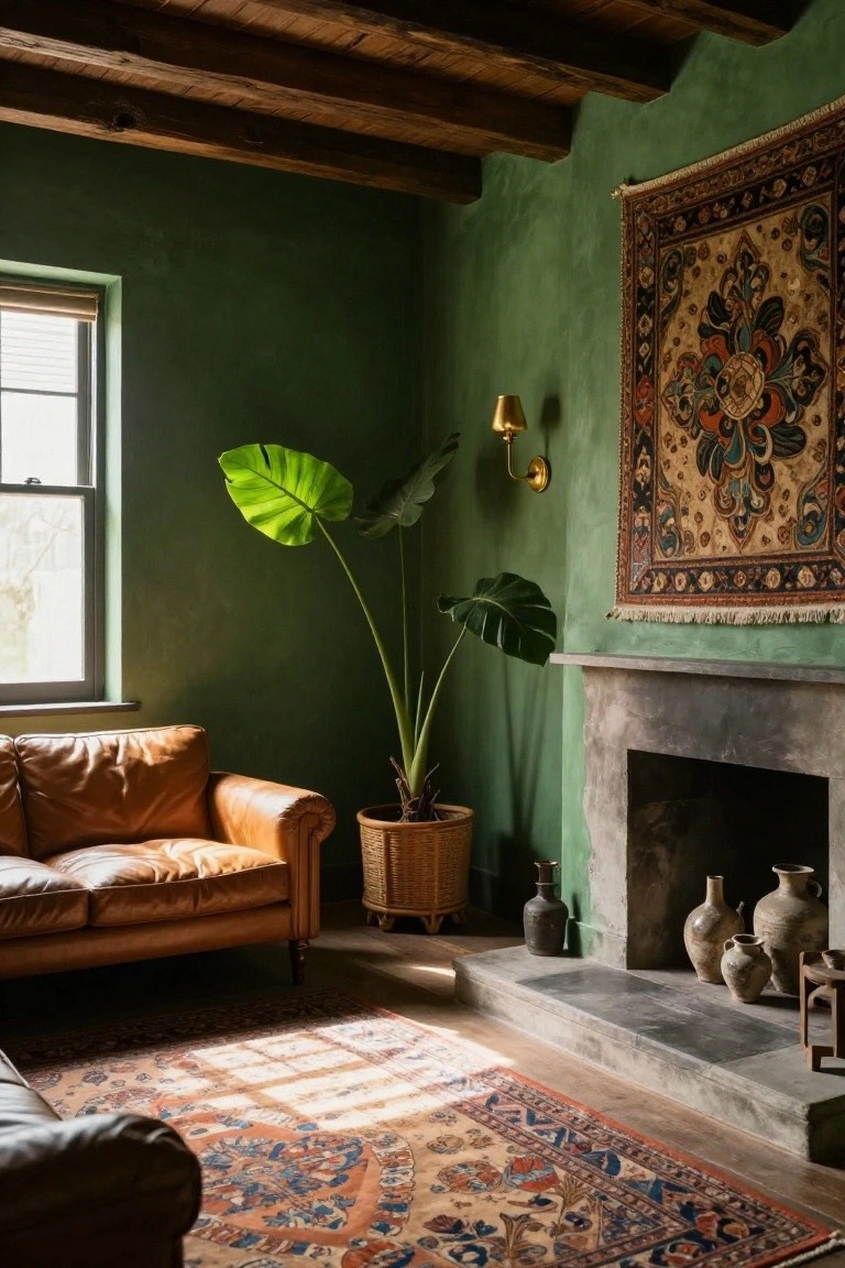 Living room interior with sage green textured walls, exposed wood beam ceiling, tan leather armchair, large potted monstera plant, woven rug on floor, stone fireplace with pottery vases, and wall-hung Persian rug.