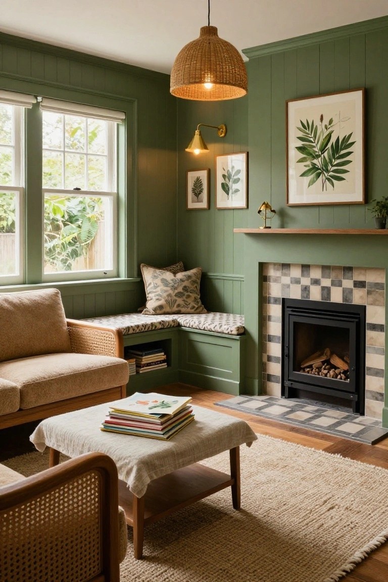 Corner living room with sage green paneled walls, window seat by a black-and-white tiled gas fireplace, beige linen sofa, rattan chairs, low wood coffee table with stacked books, seagrass rug, and large windows overlooking greenery.