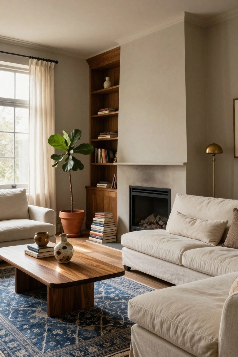Cozy living room with soft beige walls, white linen sofa, wooden coffee table, built-in bookshelves, gas fireplace, potted fiddle leaf fig plant, ceramics on table, and blue patterned rug on hardwood floor.