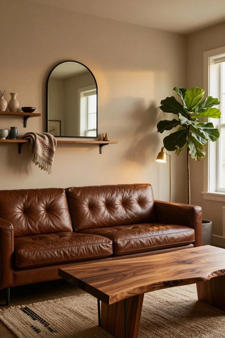 Beige-walled living room featuring a brown tufted leather sofa, live-edge wooden coffee table, black arched mirror on floating wood shelves with ceramics and a throw, gold floor lamp, large fiddle leaf fig plant in a pot, and beige rug on hardwood floor.
