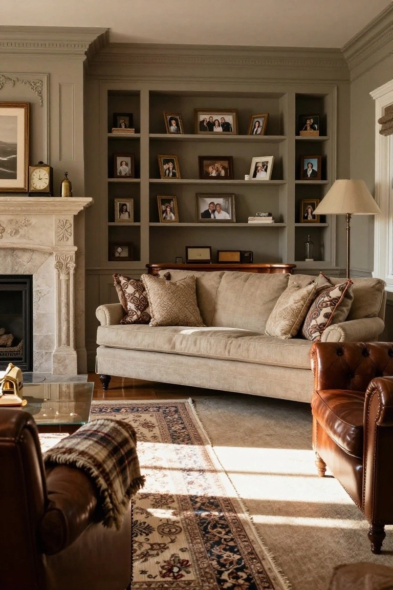 A living room with soft greige walls, built-in bookshelves around a marble fireplace, beige sofa with patterned pillows, brown leather armchair, glass coffee table, and patterned rug.