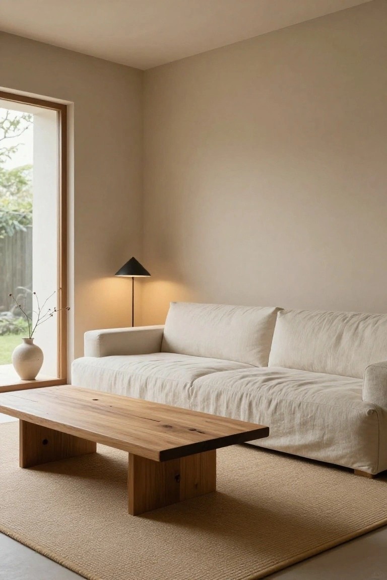 Modern living room interior with light greige walls, large white linen sofa, low wooden coffee table, black floor lamp with conical shade, seagrass rug, tall beige vase with dried branches, and floor-to-ceiling window with wooden frame overlooking greenery.