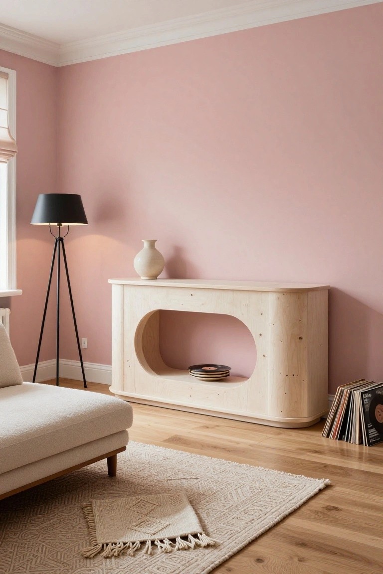 Corner of a living room with pale pink walls, curved light wood console table holding stacked records and plates, tall black tripod floor lamp, white ceramic vase, cream sofa, and woven beige rug on oak wood floors.