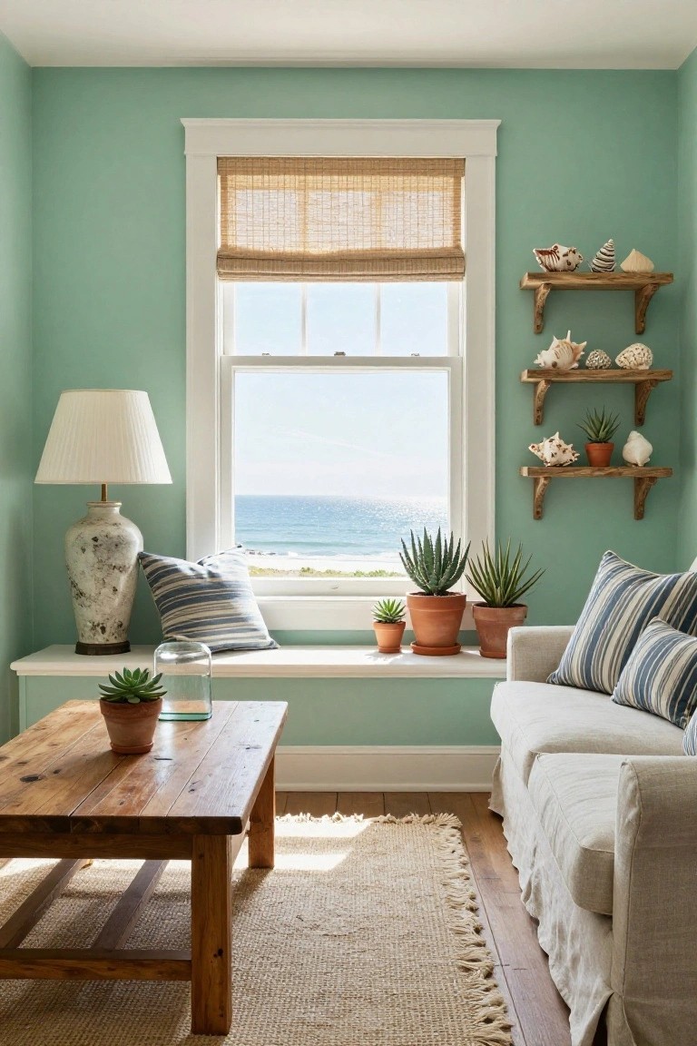 Cozy living room with light seafoam green walls, large window overlooking ocean and beach, white window seat with pillows and plants, wooden coffee table, white sofa, and wall shelves holding seashells and potted succulents.