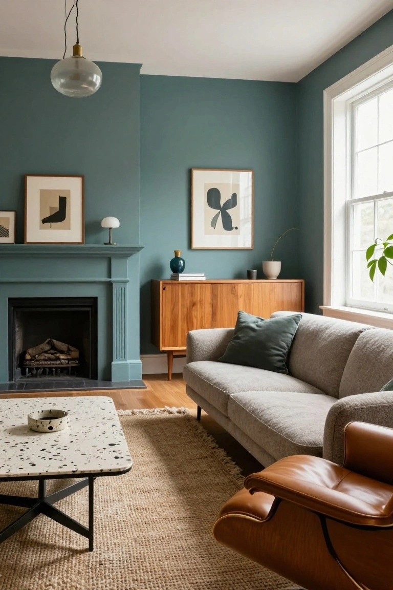 Living room featuring teal-painted walls, a teal fireplace surround, wooden credenza, gray sofa with green pillows, speckled coffee table, and brown leather armchair on hardwood floors with a rug.