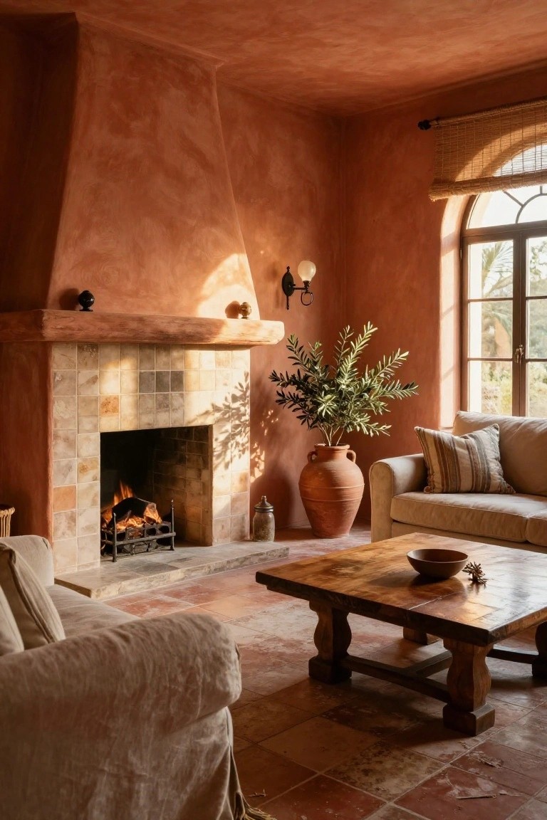 A living room with terracotta walls, arched window with bamboo shade, stone fireplace with burning logs, beige linen sofa, wooden coffee table, and large terracotta pot holding an olive tree.