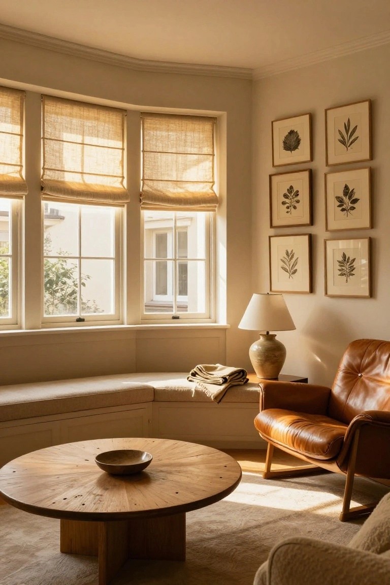 Sunlit bay window nook in a beige-walled living room with linen shades on triple windows, wooden coffee table, tan leather armchair, ceramic lamp, throw blanket, and four framed botanical prints on the wall.
