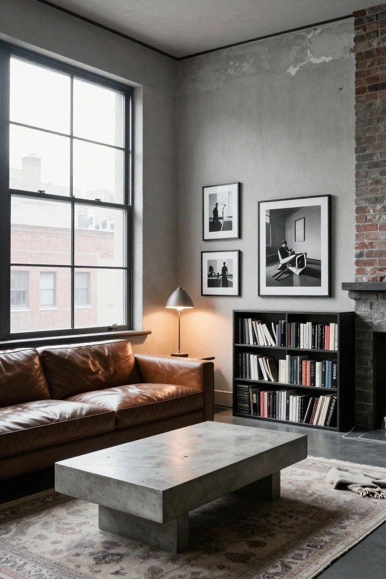 Corner of a living room with light warm gray walls, black metal window frames, brown leather sofa, concrete coffee table, black bookshelves filled with books next to a brick fireplace, and black-framed black-and-white photos on the walls.