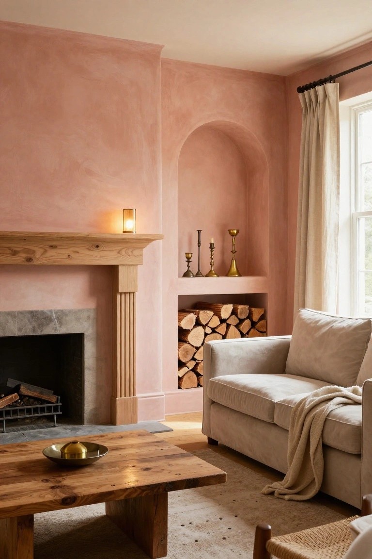 Living room with soft terracotta pink textured walls, wooden fireplace mantel with candles and brass candlesticks, stacked firewood niche, beige sofa with cream throw, wooden coffee table holding brass bowl, and rattan chair on beige rug.