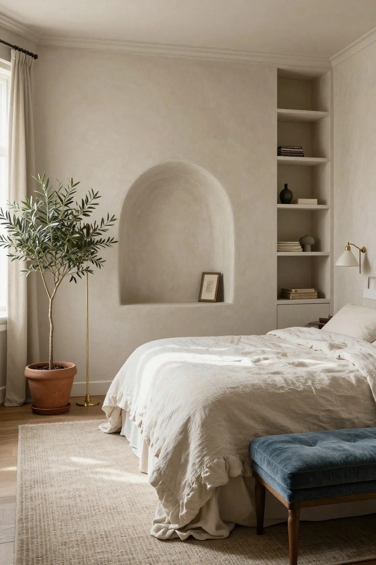 A bedroom with beige textured walls, an arched niche containing a potted olive tree and framed photo, adjacent built-in shelves holding books and vases, a white linen bed, blue velvet bench, and sheer curtains on a window.