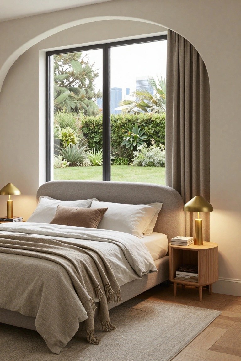 Light beige bedroom with curved upholstered bed dressed in white and tan linens under a large arched window with beige drapes, overlooking lush garden plants, trees, and distant city buildings, flanked by gold cone lamps on wooden nightstands.