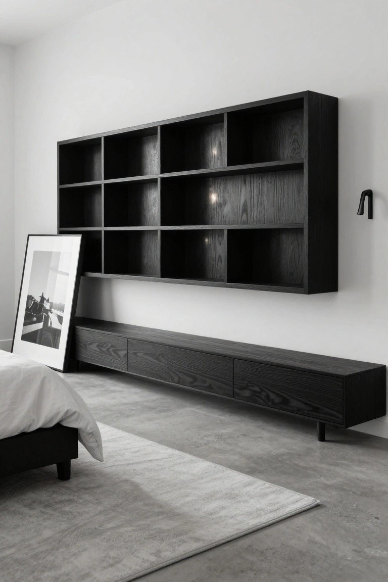 A bedroom with a large wall-mounted black wood shelving unit above a low black wood credenza with drawers, a white bed with gray rug nearby, and polished concrete floor.