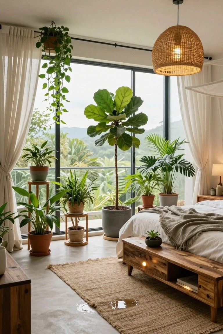 A master bedroom with numerous potted indoor plants including a tall fiddle leaf fig, monstera, ferns, and hanging pothos, a low wooden bed platform, large floor-to-ceiling windows with sheer white curtains overlooking green mountains and jungle, rattan pendant light, jute rug, and concrete floor.