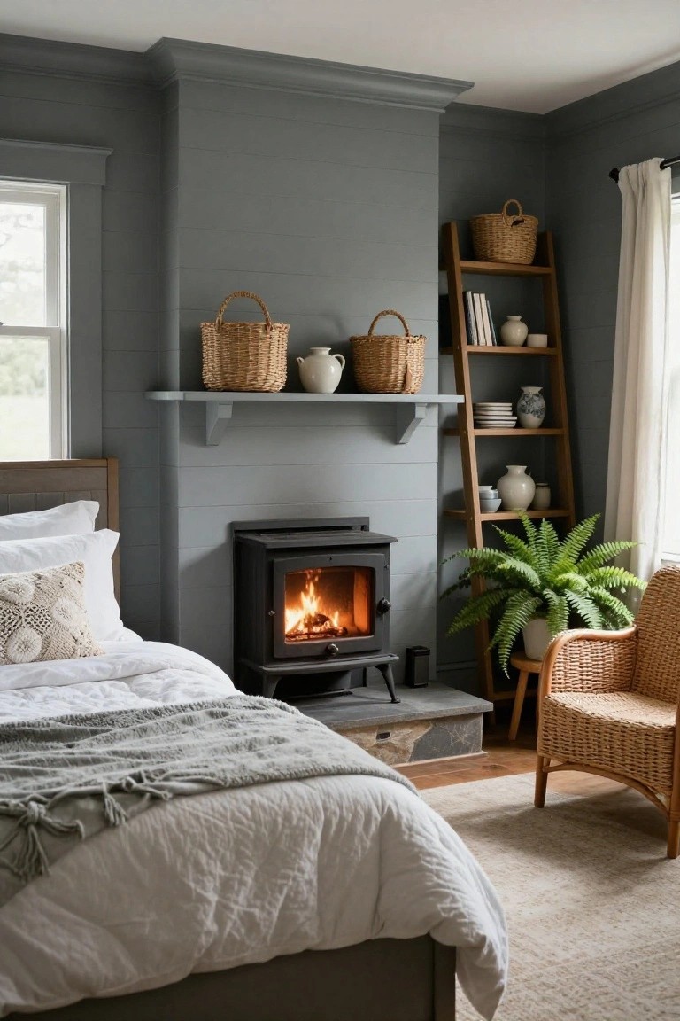 Gray shiplap walls in a cozy bedroom with a black freestanding wood-burning stove and lit fire in the corner, wooden bed with white linens and gray throw, floating shelves with wicker baskets and pottery, ladder shelf with books and ceramics, potted fern by rattan armchair, and window with white curtains.