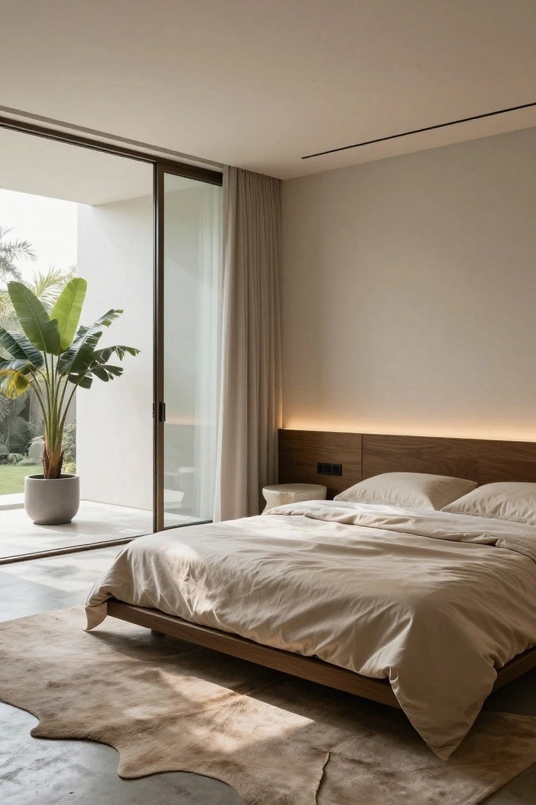 Minimalist master bedroom with low wood platform bed draped in beige linens, light wood headboard with built-in lighting, large sliding glass doors beside a tall potted banana plant in a garden courtyard, beige shag rug on polished concrete floor.