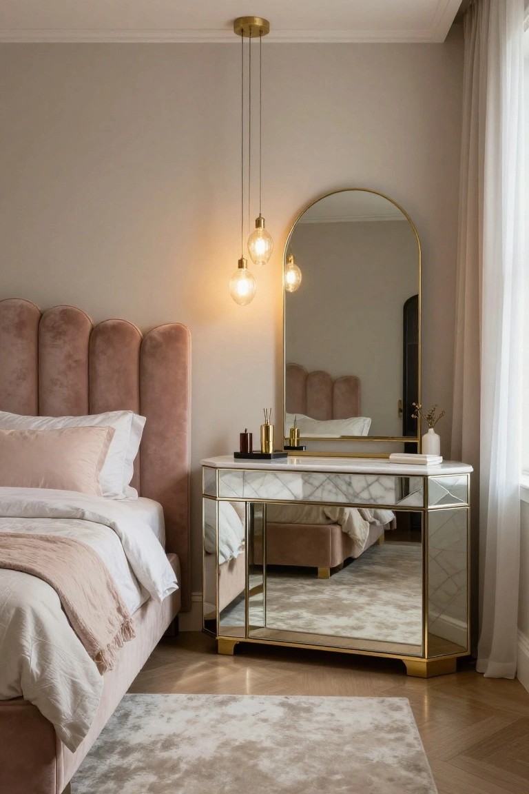 A master bedroom with a blush pink tufted curved headboard on a bed with white and pink linens, a mirrored vanity table with gold accents and arched gold mirror beside it, pendant lights above, beige walls, sheer curtains, and light wood flooring.