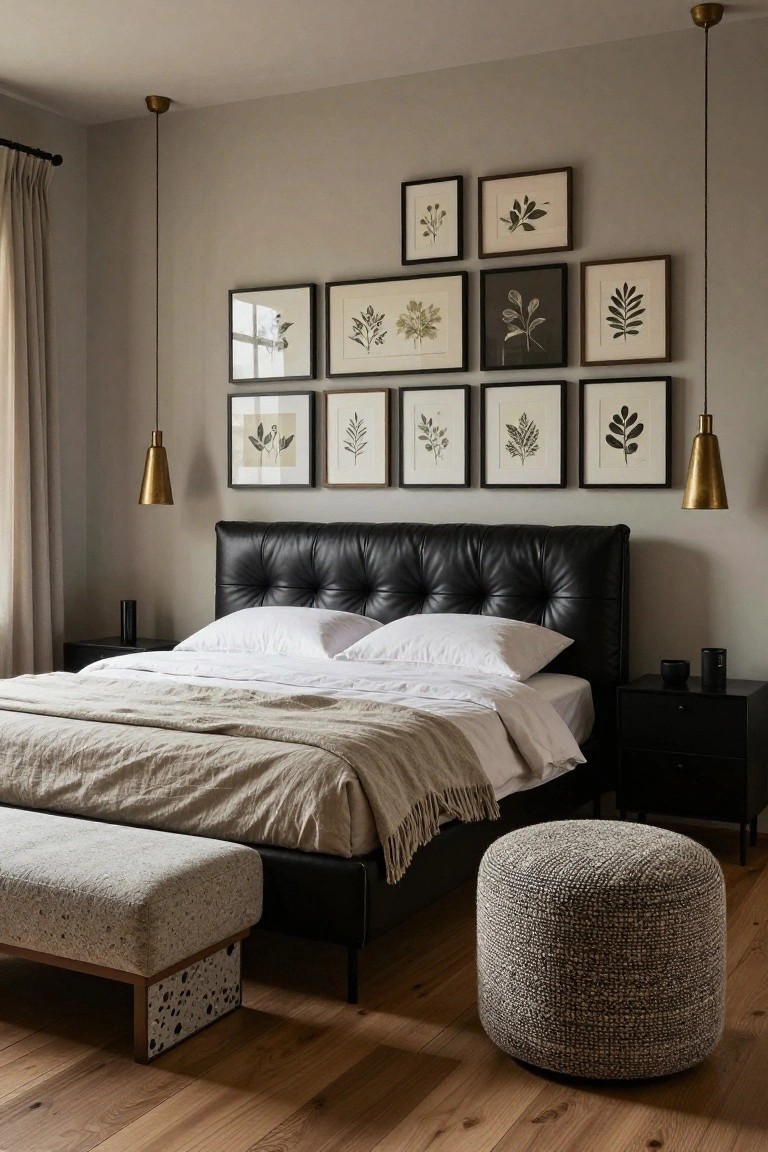 A master bedroom with a black tufted leather headboard and white bedding, a grid of nine black-framed botanical prints on the beige wall above the bed, brass pendant lights hanging from the ceiling, black nightstands, a neutral bench and ottoman at the foot of the bed, linen curtains on one side, and hardwood floors.