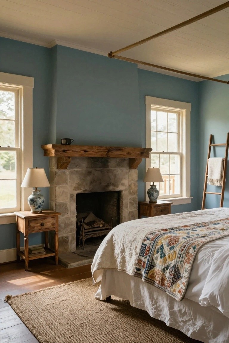 Master bedroom featuring light blue walls, a stone fireplace with wooden mantel, a white bed draped with a colorful quilt, wooden nightstands with blue and white lamps, a wooden ladder holding a blanket, jute rug on hardwood floors, and large windows with natural light.