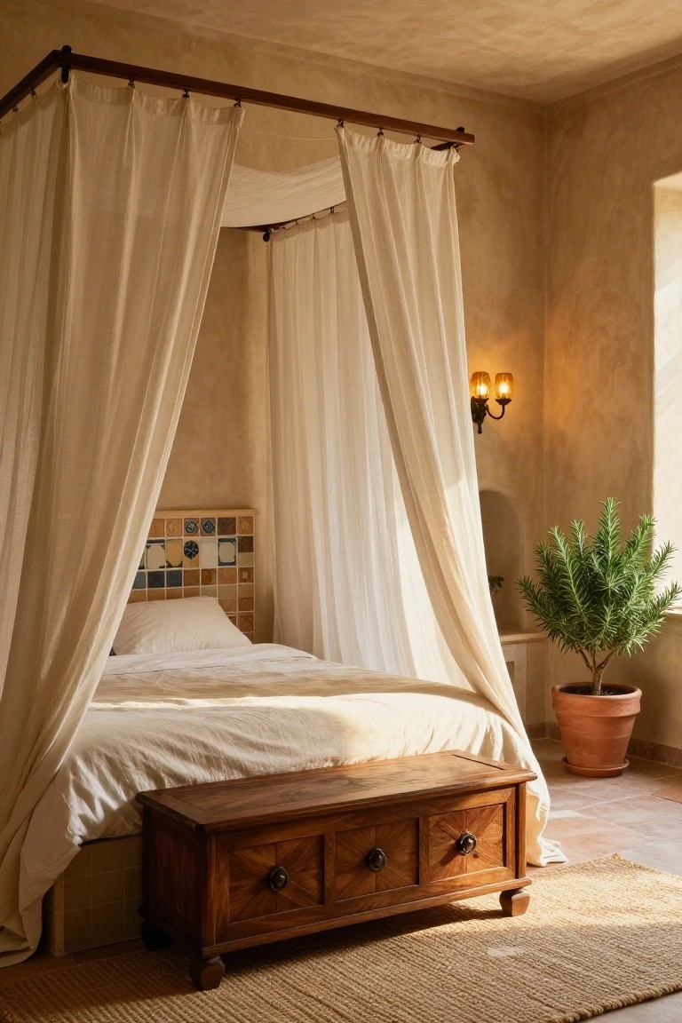 Sunlit bedroom with four-poster bed draped in sheer white curtains, colorful tiled headboard, wooden chest at foot of bed, wall sconces, potted rosemary plant in terracotta pot, and woven rug on tiled floor.