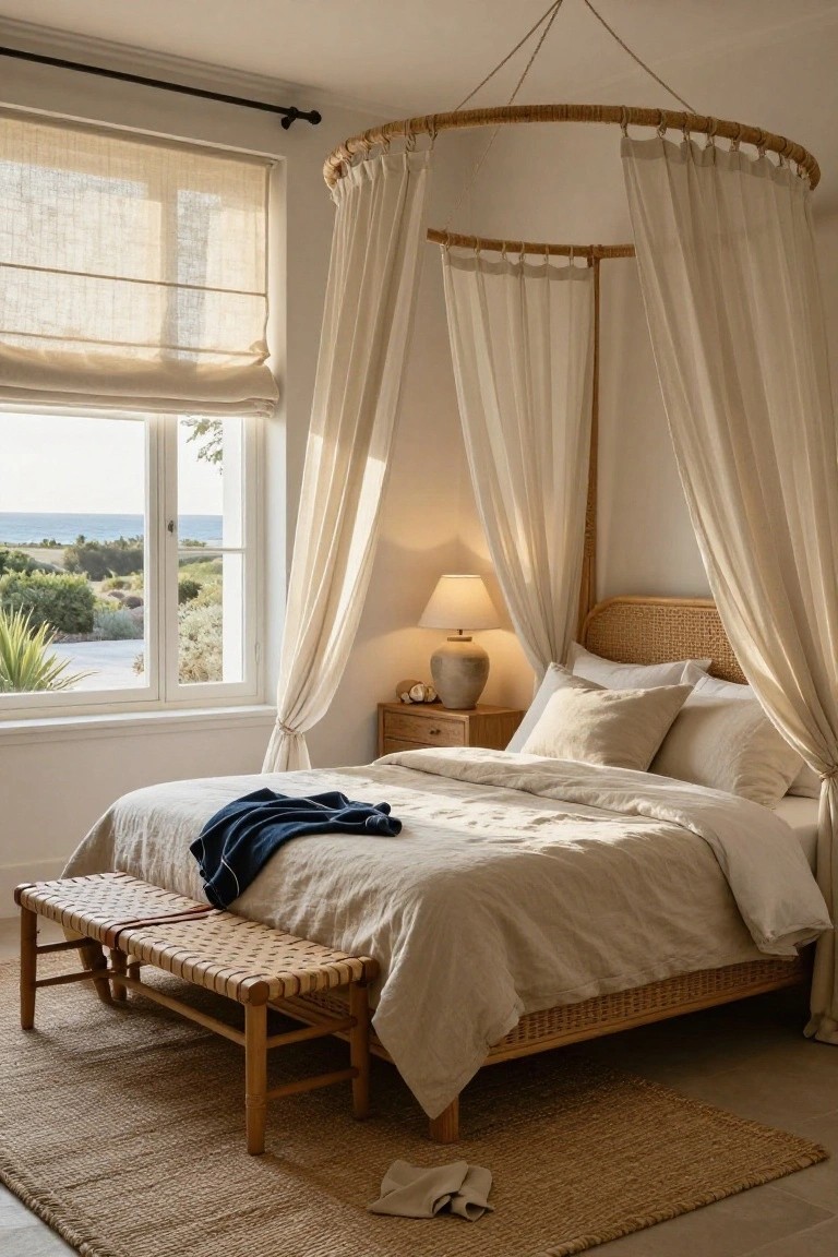 Sunlit bedroom with circular rattan canopy bed draped in sheer beige curtains, neutral linen bedding, foot bench, nightstand lamp, and window showing sea view.