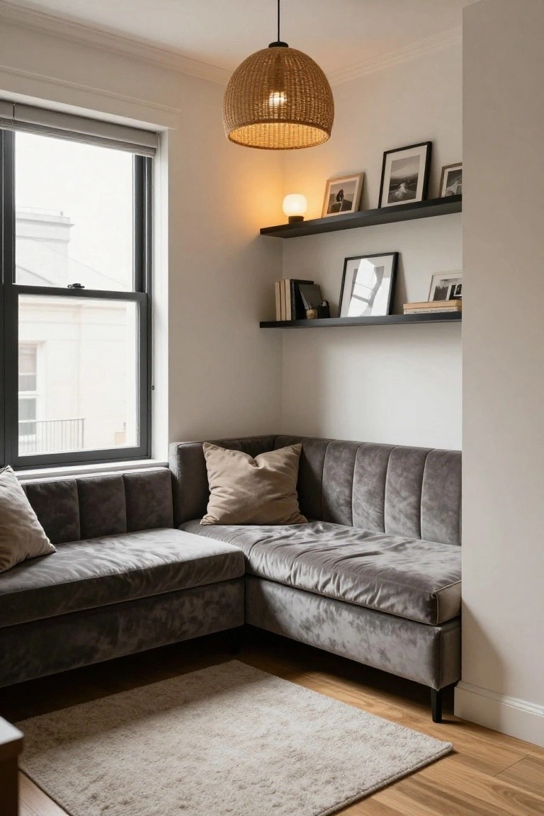 Corner of a light room with a grey tufted velvet L-shaped sofa and beige pillows, black floating shelves holding books and framed photos, a rattan pendant light, small lamp on shelf, large window with blinds, and light rug over hardwood floor.
