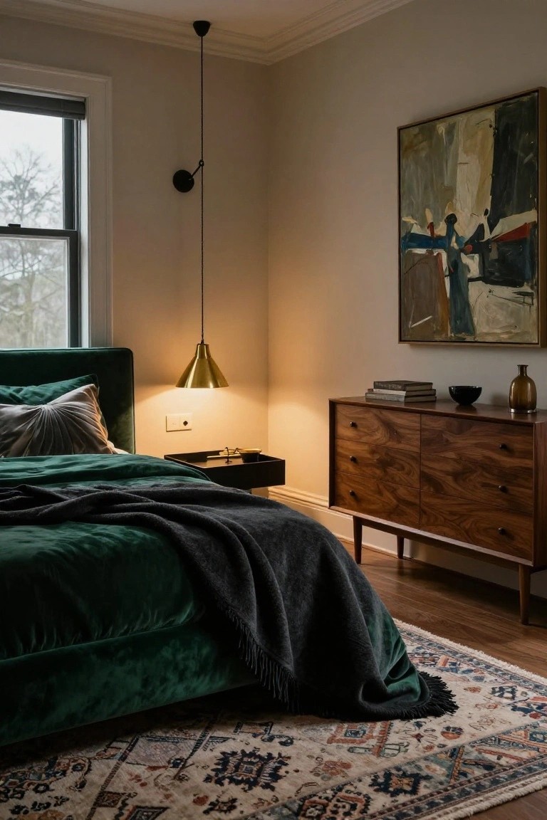 Master bedroom corner with emerald green velvet upholstered bed draped in a dark throw blanket, walnut six-drawer dresser topped with books and vase, gold pendant lamp, abstract painting on wall, and patterned rug on wood floor.