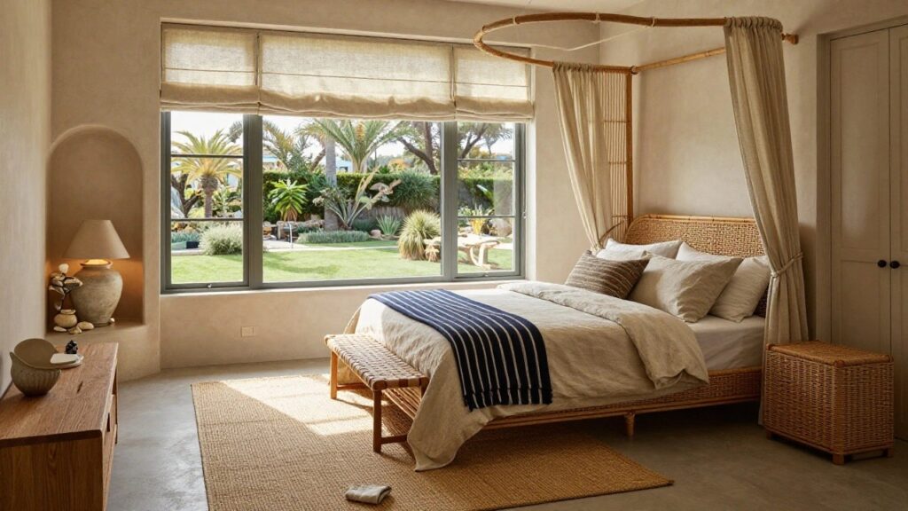 Sunlit bedroom with circular rattan canopy bed draped in sheer beige curtains, neutral linen bedding, foot bench, nightstand lamp, and window showing sea view.