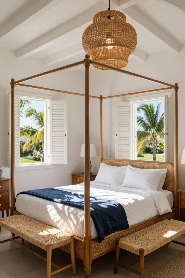 A bedroom with a light wooden four-poster bed featuring rattan headboard, white bedding draped with a navy throw, open white plantation shutters on two windows showing palm trees and grass outside, woven benches, side tables with lamps, and a rattan pendant light overhead.