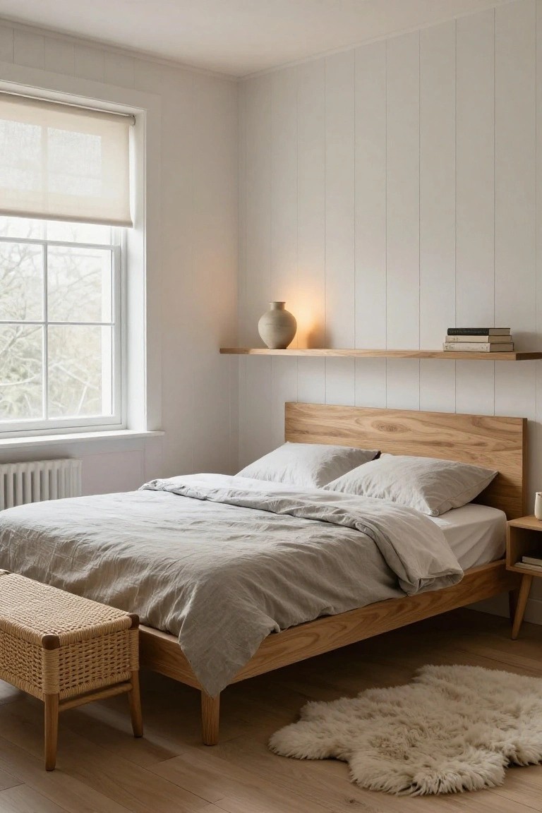 A cozy bedroom with a light oak wood bed frame, gray linen bedding, white vertical plank walls, wooden floating shelf with vase and books, rattan bench, bedside table, and white sheepskin rug on light wood floors.