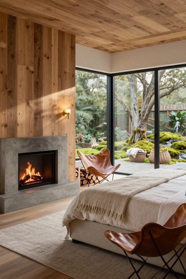 Master bedroom with light vertical wood paneling on walls and ceiling, concrete fireplace with burning logs, platform bed with white bedding and throw, two tan leather sling chairs, light wood floor, and corner floor-to-ceiling glass walls overlooking garden with mossy rocks and plants.