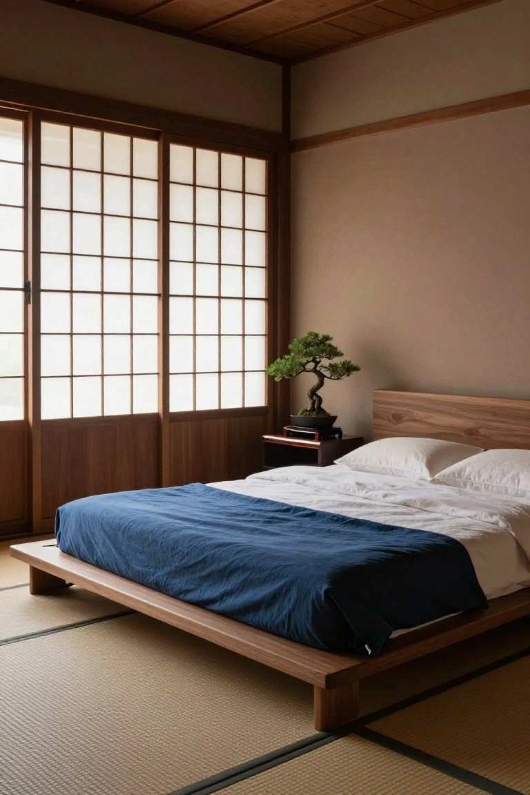 Japanese-style bedroom with tatami flooring, low wooden platform bed covered in blue duvet and white sheets, shoji screen windows, bonsai tree on a side table, and beige walls.