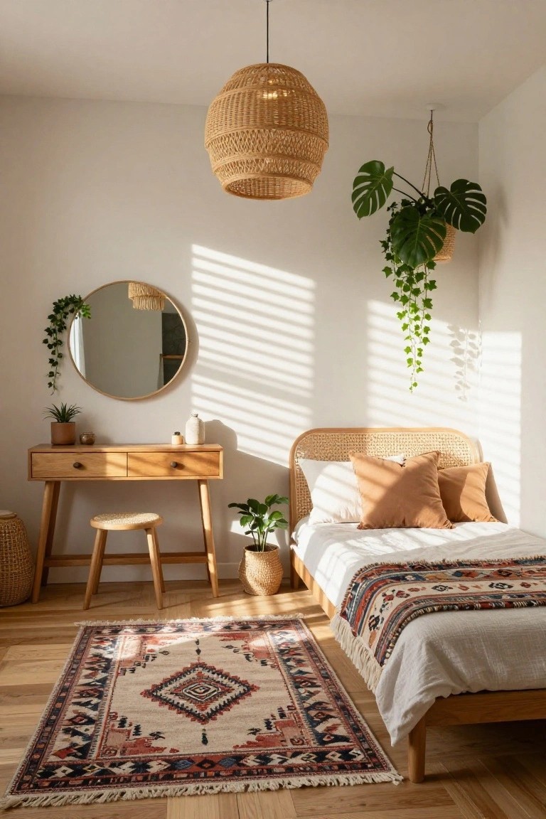 Sunlit bedroom with white walls, rattan pendant light, cane headboard bed with white linens and terracotta pillows, wooden vanity with round mirror and potted plants, hanging monstera and ivy plants, rattan stool, and patterned rug on light wood floors.