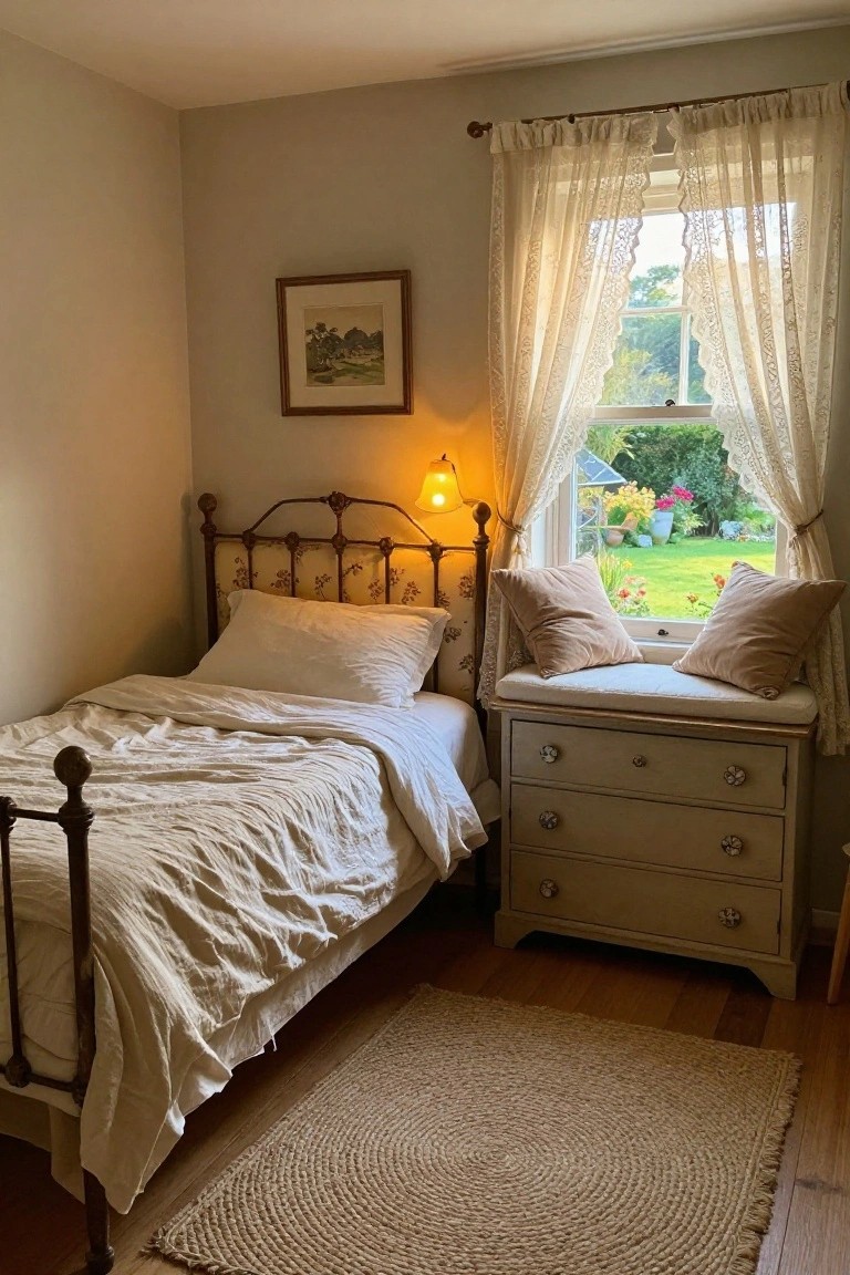 Small bedroom with black iron bedframe upholstered in floral fabric on headboard, white rumpled linens, beige dresser, lace curtains on window overlooking garden, and wall art.