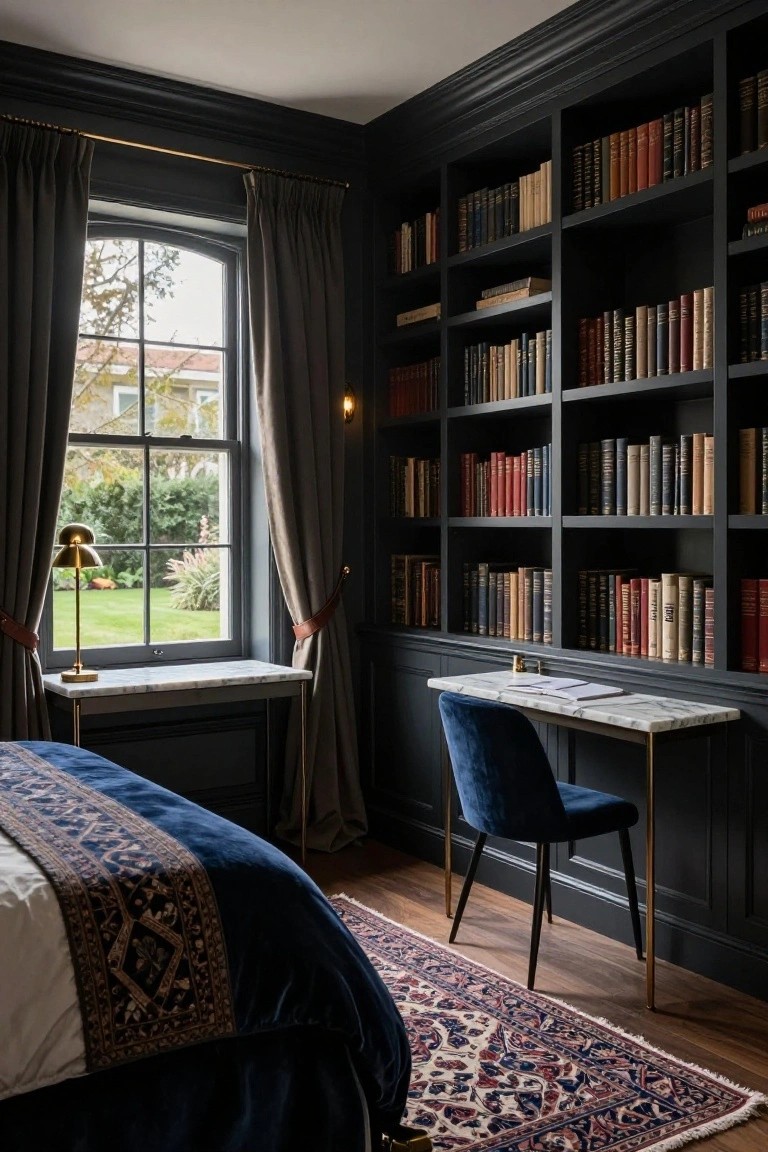 A master bedroom with dark built-in bookshelves lining the walls and filled with books, a navy blue velvet bed on a patterned rug, a marble desk with blue chair by a large window overlooking a garden, and brass lighting.