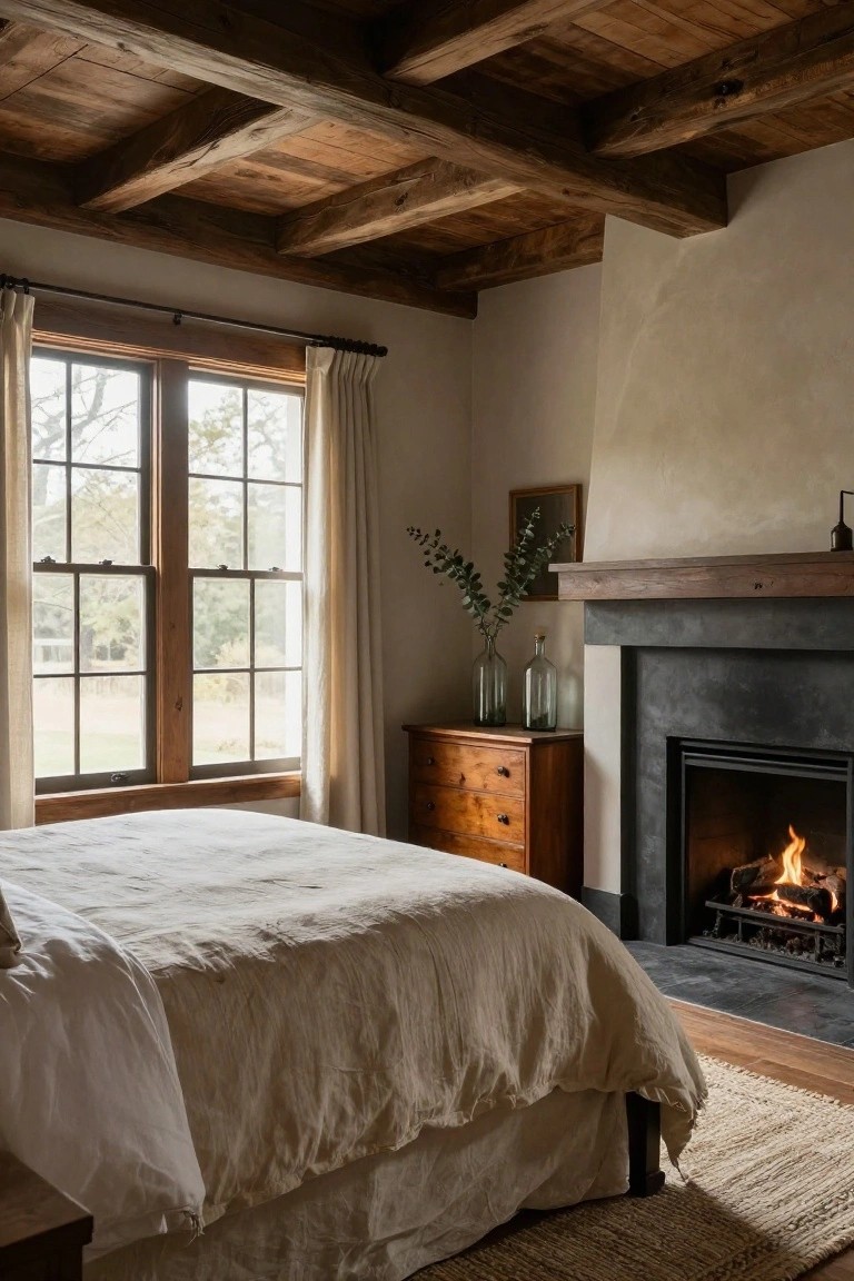 Bedroom with exposed wooden beam ceiling, king bed covered in white linens, wooden dresser, green glass bottles on shelf, burning fireplace, and large windows with sheer curtains overlooking trees.