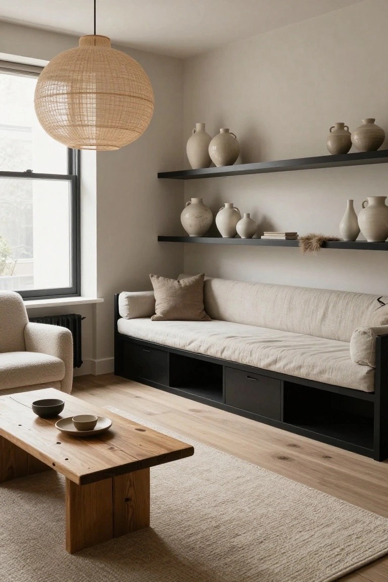 Light beige living room featuring a built-in black-framed bench with cream cushions along the wall, wooden coffee table with ceramic bowls, cream armchair, floating black shelves with white ceramic vases, rattan pendant light, and hardwood floors with a cream rug.