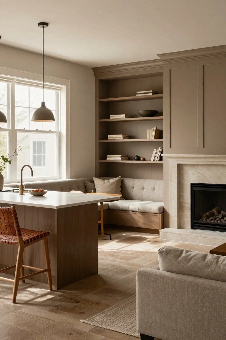 Open concept interior with white kitchen island, wood barstools, built-in gray banquette seating with pillows next to marble fireplace and bookshelves, neutral walls, pendant lights, and sofa in background.