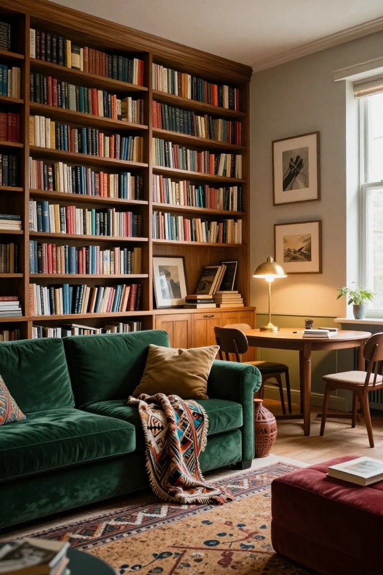 Wooden floor-to-ceiling bookshelves lining walls of a cozy living room corner with green velvet sofa, wooden desk, brass lamp, and patterned rug on hardwood floor.